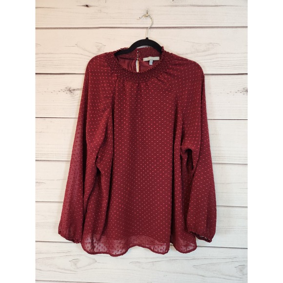 Daisy Fuentes Women's‎ Red Sheer Polka Dots Long Sleeve Mock Neck Blouse Size 2X - Picture 1 of 6